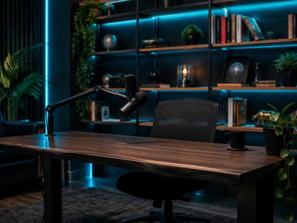 Creator Desk Look presenter setting at The Pod Media Factory podcast studio in Bali