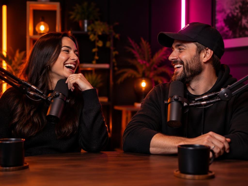 Creators mid-conversation on set at The Pod Media Factory podcast studio in Bali